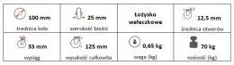 Zestaw kołowy skrętny 100mm nośność 70kg otwór 12,