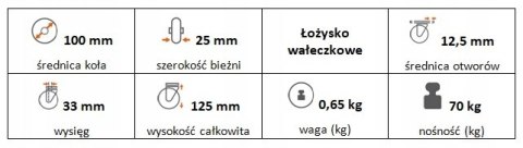 Zestaw kołowy skrętny 100mm nośność 70kg otwór 12,