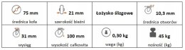 Zestaw kołowy skrętny 75mm nośn 45kg otwór 10,3