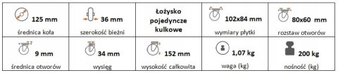 Zestaw kołowy skrętny z hamulcem 125mm nośn 200kg