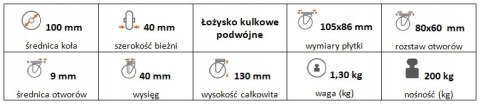 Zestaw kołowy skrętny 100mm nośność 200 kg