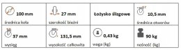 Zestaw kołowy skrętny 100mm nośność 90kg otwór 10,