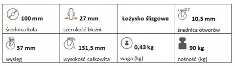 Zestaw kołowy skrętny 100mm nośność 90kg otwór 10,