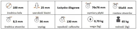 Zestaw kołowy skrętny z hamulcem 100mm nośność 65