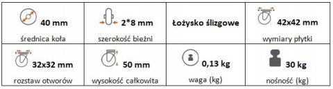 Zestaw kołowy meblowy skrętny hamulec 40mm (42x42)