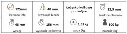 Zestaw kołowy skrętny 125mm nośn 300kg otwór 12,3