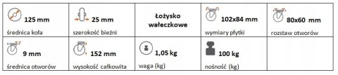 Zestaw kołowy stały 125mm nośność 100 kg
