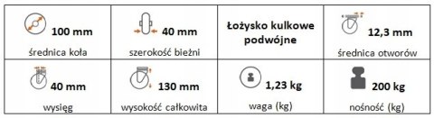 Zestaw kołowy skrętny 100mm nośn 200kg otwór 12,3