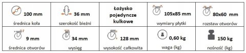 Zestaw kołowy skrętny 100mm nośność 150 kg