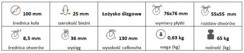 Zestaw kołowy skrętny 100mm nośność 65 kg