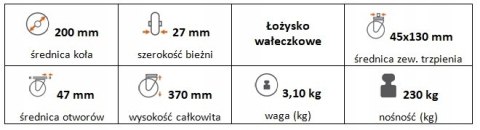 Zestaw kołowy skrętny 200mm (35/45) trzpień