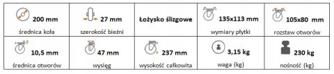 Zestaw kołowy skrętny 200mm nośność 230 kg