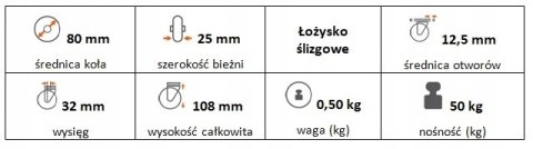 Zestaw kołowy skrętny 80mm nośn 50kg otwór 12,5
