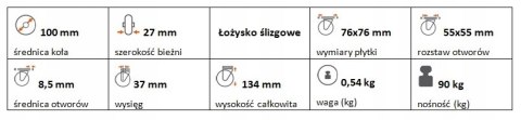 Zestaw kołowy skrętny guma 100mm nośność 90 kg
