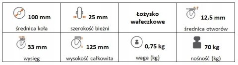 Zestaw kołowy skrętny z hamulcem 100mm nośn 70kg