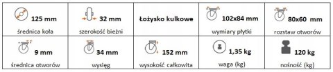 Zestaw kołowy skrętny z hamulcem 125mm nośn 120kg
