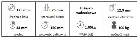 Zestaw kołowy skrętny z hamulcem 125mm nośność 100