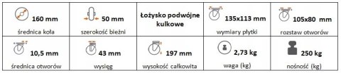 Zestaw kołowy skrętny z hamulcem 160mm nośn 250kg