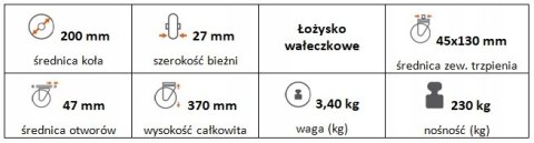 Zestaw kołowy skrętny z hamulcem 200(35/45)trzpień