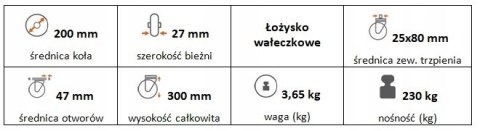 Zestaw kołowy skrętny z hamulcem 200mm(25) trzpień