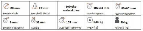 Zestaw kołowy skrętny z hamulcem 80mm nośność 50kg