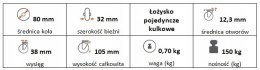 Zestaw kołowy skrętny z hamulcem 80mm otwór 12,3