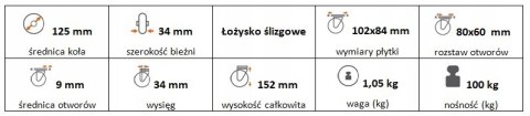 Zestaw kołowy skrętny z hamulcem polipropylen 125