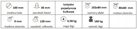 Zestaw kołowy stały 100mm nośność 160 kg