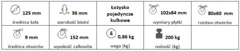 Zestaw kołowy stały 125mm nośność 200 kg