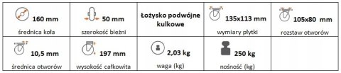 Zestaw kołowy stały 160mm nośność 250 kg