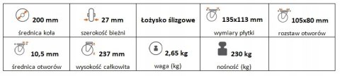 Zestaw kołowy stały 200mm nośność 230 kg