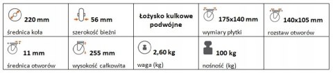 Zestaw kołowy stały 220mm nośność 100 kg