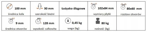 Zestaw kołowy stały polipropylen 100mm nośn80kg