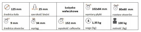 Zestaw kołowy skrętny z hamulcem 125mm nośn. 100kg