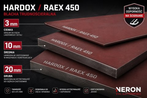 Blacha Hardox / Raex 450 trudnościeralna 10 mm 1000x2000 mm